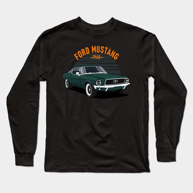 Classic Car  Mustang 1968 Dark Green Long Sleeve T-Shirt by masjestudio